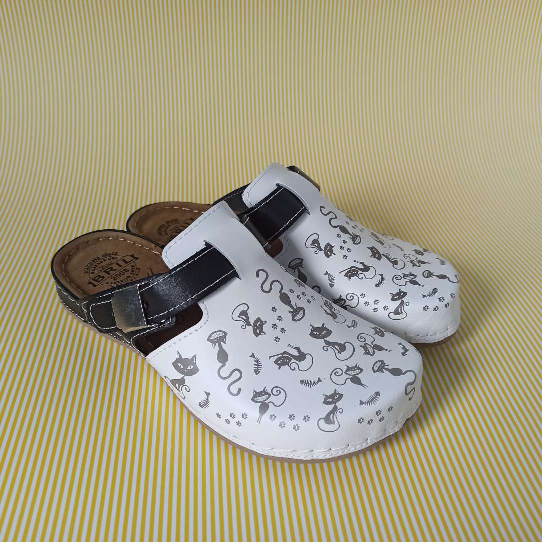 Bril fashionable mule cat white-black, natural leather