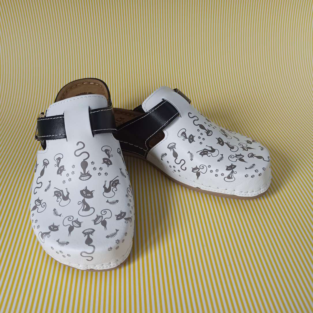 Bril fashionable mule cat white-black, natural leather